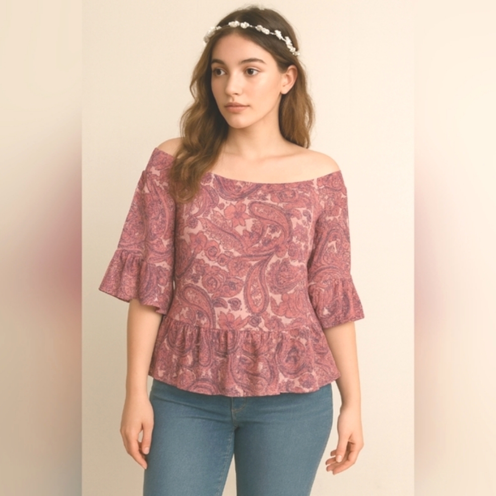 🌸 SPEECHLESS Boho Paisley Peplum Blouse Sz L Romantic Ruffle Hem Sheer Overlay